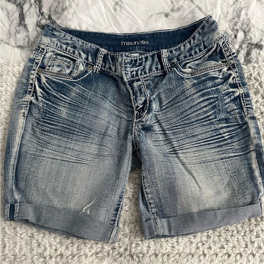 Maurices Medium Wash Jean Shorts with Cuffed Hem and Distressed Look